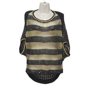 Black and Gold Metallic Sparkling Open Knit Christmas Party New Year Top Blouse